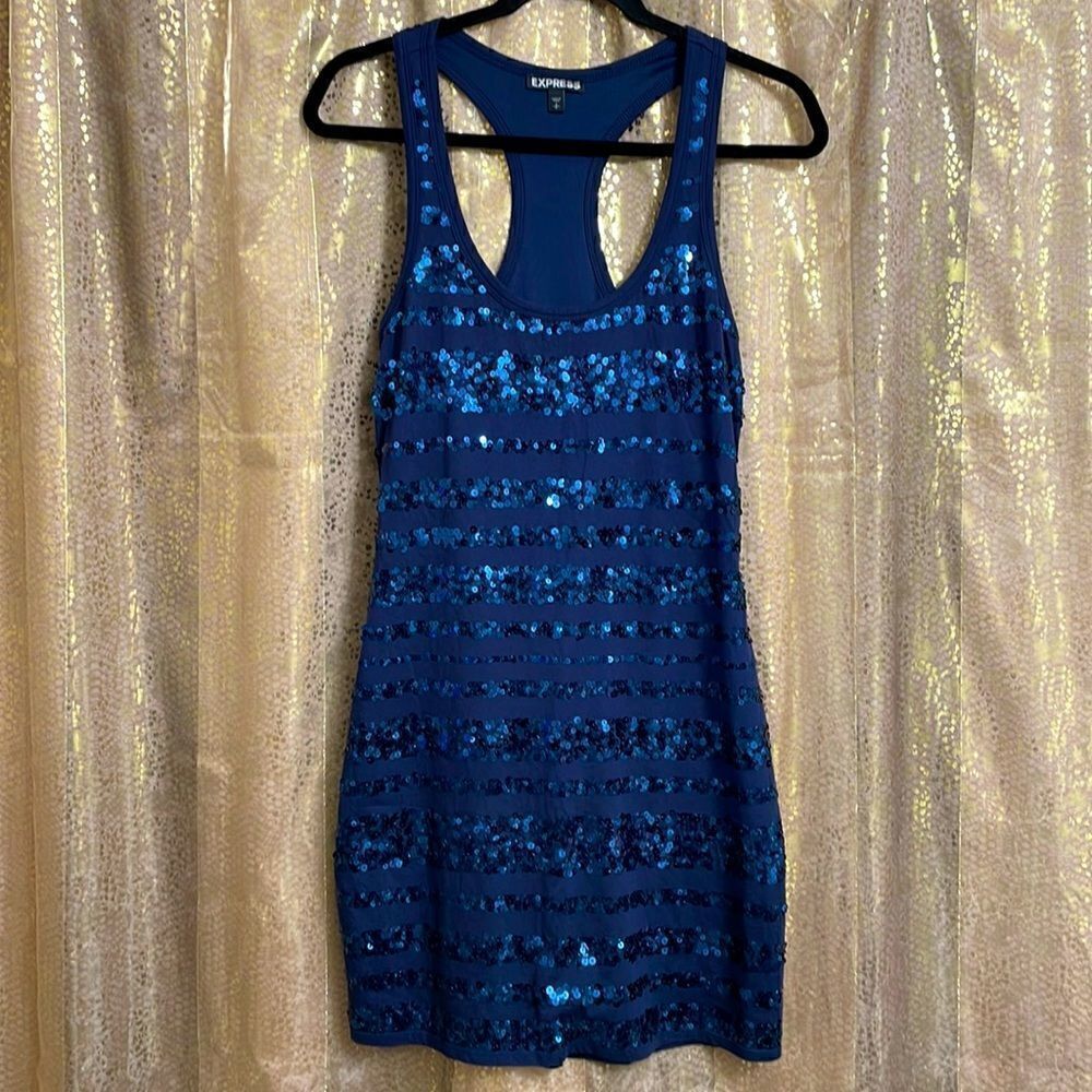 Express navy blue sequin striped racerback mini dress, size S